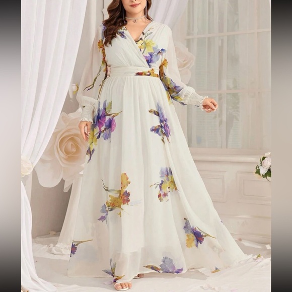Luxe floral print surplice neck long sleeve maxi dress